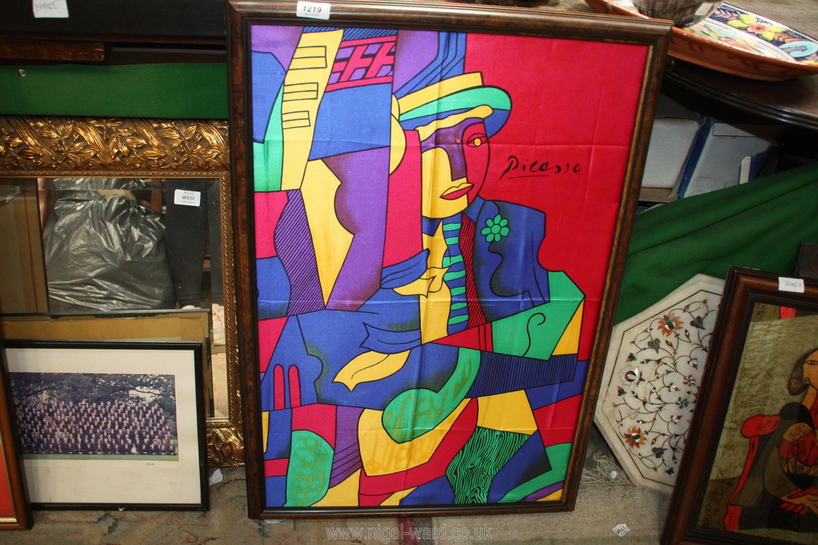 A framed satin scarf abstract by Picasso, signed, 32" x 22".