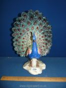 A porcelain/ceramic Peacock, possibly Spanish, 13" tall.