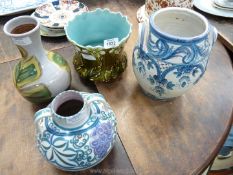 A small quantity of Studio china and a green jardiniere with floral design a/f.
