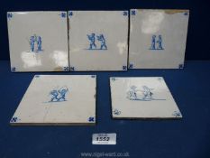 A set of four Delft tiles painted with children's games (two repaired) and a fifth similar,