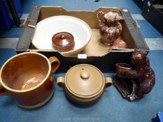 A Masons Cash mixing bowl, Denby tureen, Thornton's Special Toffee pot, brown bear,