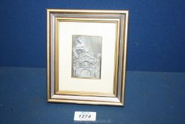 A framed Sterling silver icon of church and our lady image, 7" x 6".