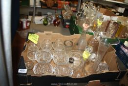 A quantity of glass including 6 etched brandy balloons, 3 decanters, miscellaneous stoppers,