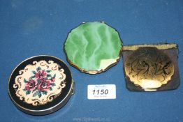 Three Compacts including Stratton, one with cloth cover.
