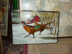 A stained glass panel of a Cock and Hen Pheasant in a winter landscape,