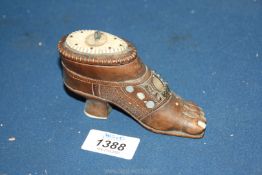 A small wooden carved Snuff box in the form of tribal sandal shoe with bone lid and soles and