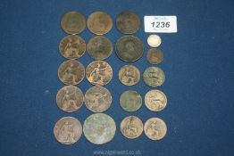 A quantity of Victorian pennies, a cartwheel penny, silver sixpence etc.