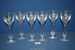 A set of 6 tall heavy Studio glasses by David Williams, etched with wild birds and leaves.