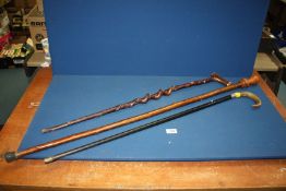 Three walking sticks including; one with a silver collar (a/f), one with antler handle, etc.