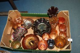 A box of Carnival glass including vases, bowls, basket, lemonade glasses etc.