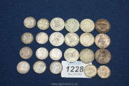 Twelve silver George V sixpences and eight others plus three farthings.