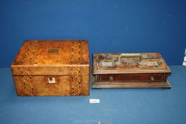 A Tunbridge parquetry design writing slope, (one glass inkwell missing) plus inkwell stand, a/f.