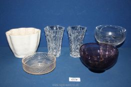 A small quantity of glassware including a purple Portmeirion bowl, old china jelly mould etc.