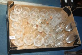 A quantity of glasses including etched, wine Fox and pheasant theme etc. some chips.