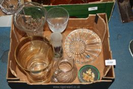 A quantity of glass including heavy stand, vases, jug, paperweights and goblet.