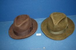 Two Trilby Hats in brown (medium) and green (7 1/8).