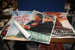 A quantity of war posters including 'Back Them Up', 'The Navy Thanks You', 'Go Forward Together',