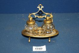 A 19th century French Standish with two glass inkwells 5" wide.