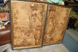 A pair of large framed tapestries of classical scenes,