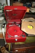 A Columbia record player in red case, a/f 16'' x 12'' x 7'' deep.