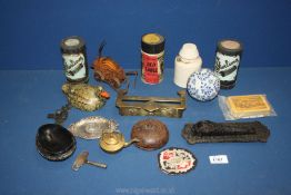 A box of miscellanea including music cylinders, door knocker, playing cards etc.