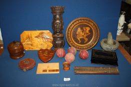 A quantity of Treen including plate, wall plaque, tape measure, four cricket balls, tobacco jars,