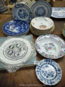 A large quantity of plates in floral and blue and white design including Meissen side plate and