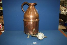 A large copper jug (some dents) and optic used for dispensing hot drinks,