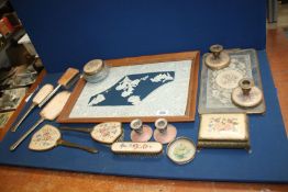 A Wooden tray having glass tray cover together with a Dressing Table tray including various