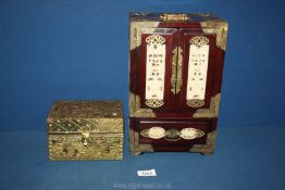 An oriental wood/brass jewellery box; 4 drawers within cupboard and single drawer to base 12" x 8",