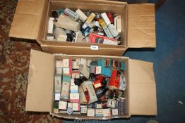 Two boxes of mostly mixed Radio valves including Mac., Mazda, Pinnacle, Mullard etc.