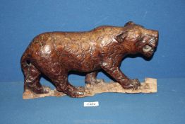 A wooden Jaguar (big cat) on log 14" x 8".