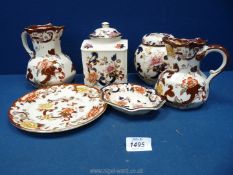 Six pieces of Mason's Mandelay and Brown Velvet including a jug, ginger jar (lid a/f),