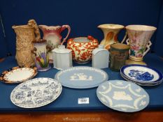 A quantity of china including blue Wedgwood Jasperware, Mintons blue and white tea plates,