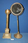 A brass column lamp stand 15" tall and a brass dressing table double sided mirror 18 1/2" tall,
