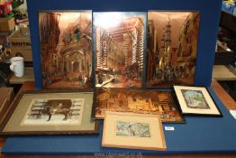 A quantity of pictures on copper and woven fabric including middle eastern scenes, etc.