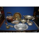 A box of mixed metals including copper teapot, antler handle crumb brush,