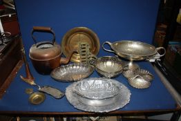 A box of mixed metals including copper teapot, antler handle crumb brush,