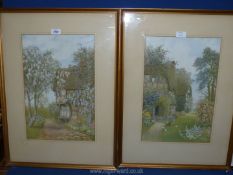 A pair of James Matthews prints of thatched cottages and gardens.