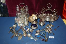 A quantity of assorted silver plate including cruet stand, mustard pots with blue glass inlay,