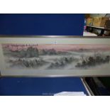 A large framed and mounted Watercolour depicting an oriental scene, 58 3/4" x 20 3/4".