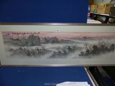 A large framed and mounted Watercolour depicting an oriental scene, 58 3/4" x 20 3/4".