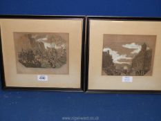 Two framed and mounted coloured etchings to include; 'The Landing of William The Conqueror', etc.