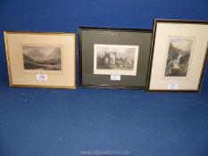 Three framed etchings to include; 'Llanthony Abbey', 'Pont Y Rhydlanfair' drawn by H.