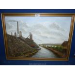 A large oil painting of a mining scene, signed with label verso.