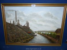 A large oil painting of a mining scene, signed with label verso.