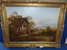 A framed oil on canvas depicting a gentleman leant on a gate by a water mill,