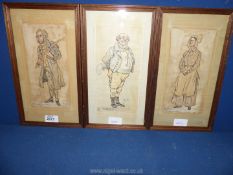 Three framed Ink wash paintings depicting Dickens characters, Mr Murdstone,