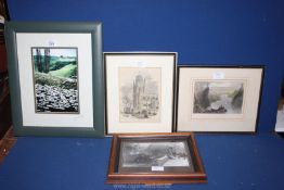 Two framed and mounted coloured etchings; 'St Mary Ridcliffe Church' by H.O.