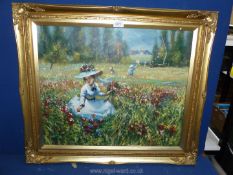 A framed Oil on board of ladies in a field gathering flowers.